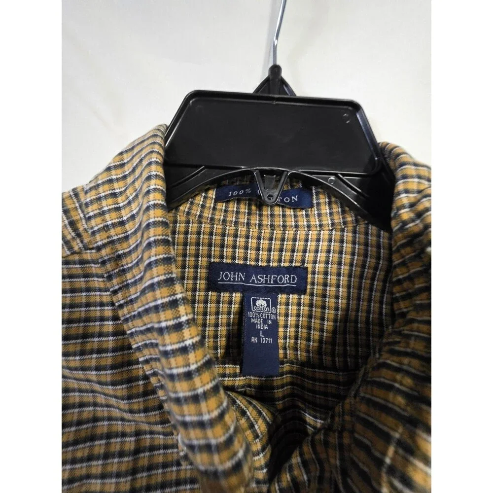 John Ashford L Mens Button Up Shirt Large Yellow Plaid Long Sleeve